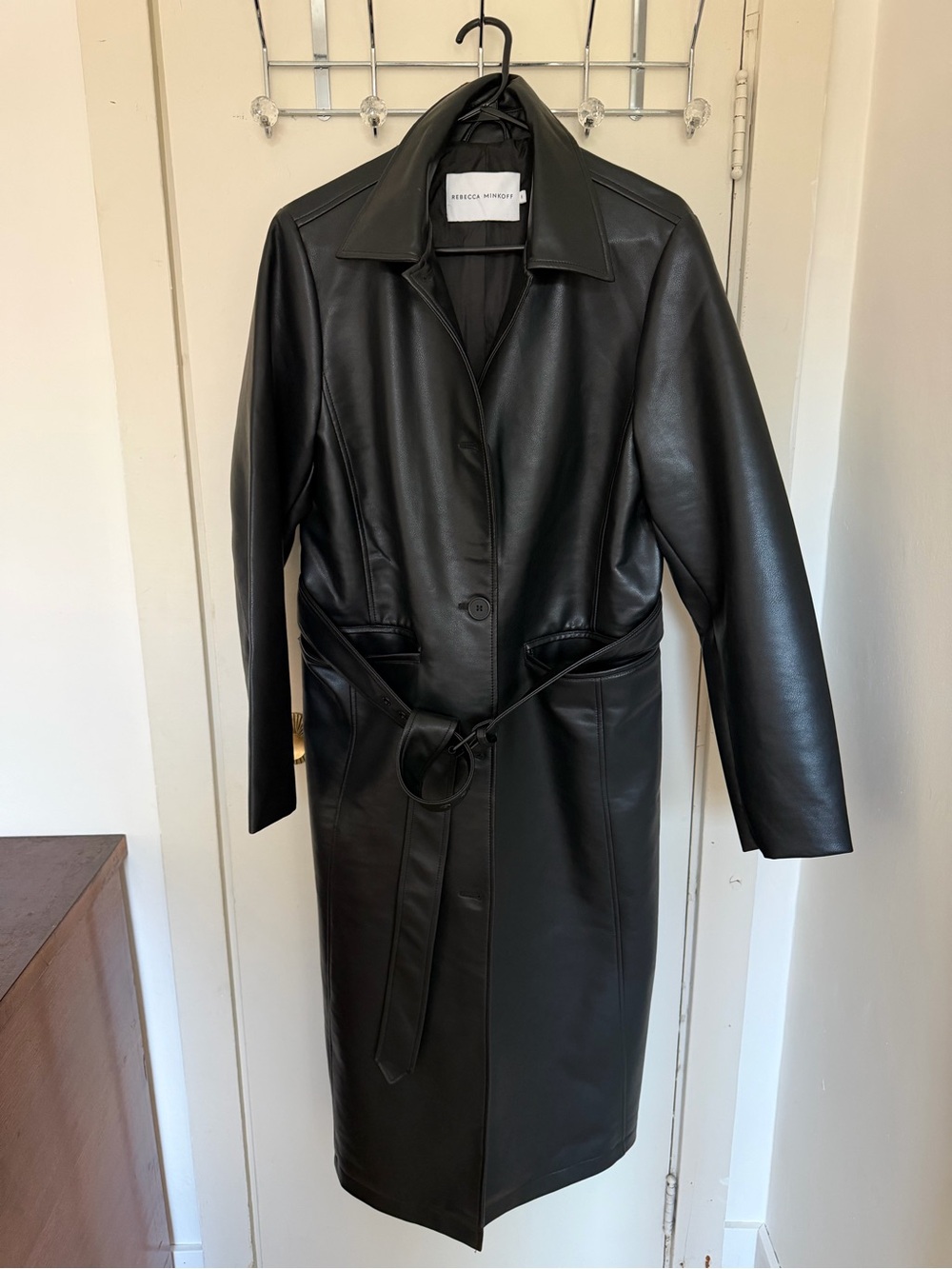 Rebecca Minkoff Black Faux-Leather Belted Trench Coat